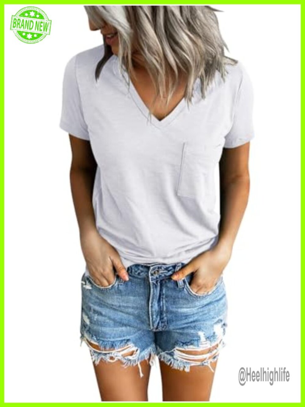 Womens Short Sleeve V Neck Pocketed Tee Summer Tops